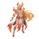 illustration of a powerful fire mage with long blonde hair. she should wear light, revealing clothing designed for agility, decorated with fire-themed ornaments, intricate patterns, and subtle red-gold accents. the character must have a confident and fier