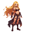 create a highly detailed mage character for a fantasy rpg game. she is a powerful fire sorceress with long flowing blonde hair and a confident, fierce expression. her outfit is minimal but stylized, decorated with fire-themed ornaments, glowing runes, and
