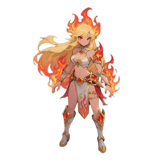 illustration of a powerful fire mage with long blonde hair. she should wear light, revealing clothing designed for agility, decorated with fire-themed ornaments, intricate patterns, and subtle red-gold accents. the character must have a confident and fier
