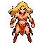 illustration of a powerful fire mage with long blonde hair. she should wear light, revealing clothing designed for agility, decorated with fire-themed ornaments, intricate patterns, and subtle red-gold accents. the character must have a confident and fier