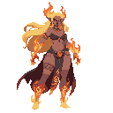 create a highly detailed mage character for a fantasy rpg game. she is a powerful fire sorceress with long flowing blonde hair and a confident, fierce expression. her outfit is minimal but stylized, decorated with fire-themed ornaments, glowing runes, and