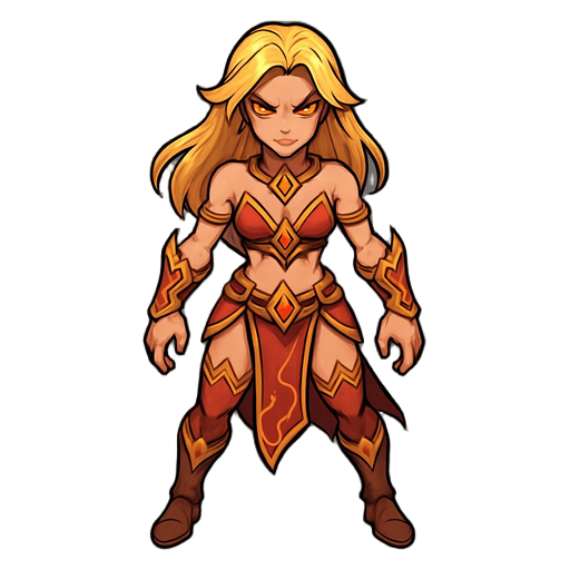 illustration of a powerful fire mage with long blonde hair. she should wear light, revealing clothing designed for agility, decorated with fire-themed ornaments, intricate patterns, and subtle red-gold accents. the character must have a confident and fier