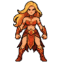 illustration of a powerful fire mage with long blonde hair. she should wear light, revealing clothing designed for agility, decorated with fire-themed ornaments, intricate patterns, and subtle red-gold accents. the character must have a confident and fier