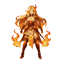 create a highly detailed mage character for a fantasy rpg game. she is a powerful fire sorceress with long flowing blonde hair and a confident, fierce expression. her outfit is minimal but stylized, decorated with fire-themed ornaments, glowing runes, and