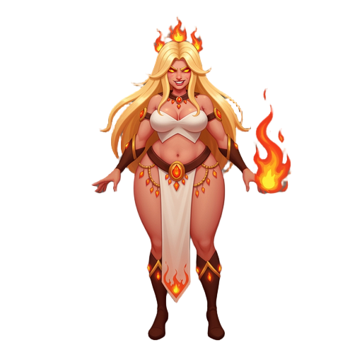 create a highly detailed mage character for a fantasy rpg game. she is a powerful fire sorceress with long flowing blonde hair and a confident, fierce expression. her outfit is minimal but stylized, decorated with fire-themed ornaments, glowing runes, and