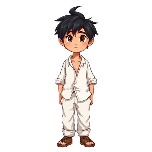 a young adult male with messy black hair and brown eyes, wearing a white linen shirt and loose-fitting pants. a simple, rustic outfit consisting of a white shirt and pants, with a pair of worn-out boo