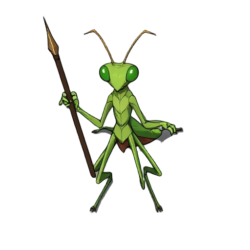 element,description original character,"the ""praying mantis / insectoid"" character (from ""the pond syndicate"")." character action,holding the staff/spear weapon in one hand. desired art style top down