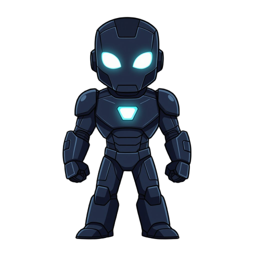 charecter for a shoadow world the charecte is dark like a shadow with glowing eyes and in a chest like iron man glow color ofthe glow light blue the game is side scroller 
