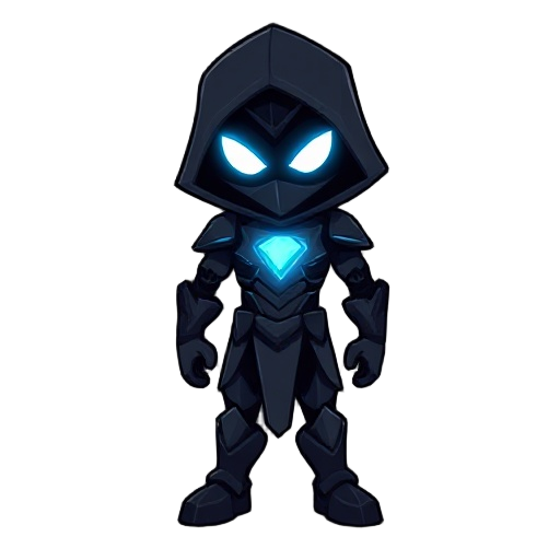 charecter for a shoadow world the charecte is dark like a shadow with glowing eyes and in a chest like iron man glow color ofthe glow light blue