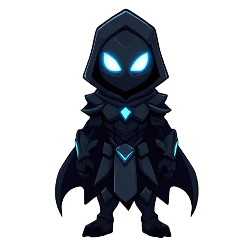 charecter for a shoadow world the charecte is dark like a shadow with glowing eyes and in a chest like iron man glow color ofthe glow light blue the game is side scroller so the charecter looks right