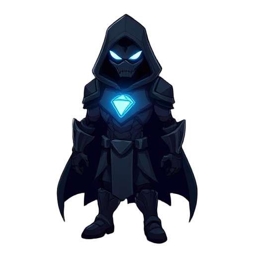 charecter for a shoadow world the charecte is dark like a shadow with glowing eyes and in a chest like iron man glow color ofthe glow light blue the game is side scroller 