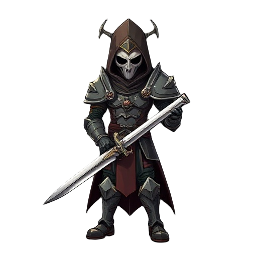 "um guerreiro esquelético de aparência frágil, alto e magro, com armadura rasgada e capa antiga. crânio liso e expressionless. estilo sombrio e detalhado como blasphemous. segura uma espada longa, pesada e ornamentada. atmosfera macabra e religiosa."