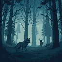 a wolf in a forest at night following a deer