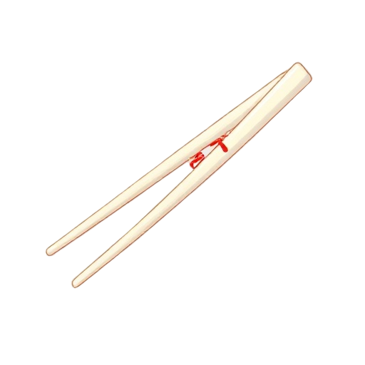 a pair of white chopsticks with some kind of green and red asian writing on them held at an acute angle, no hand, just the chopstick