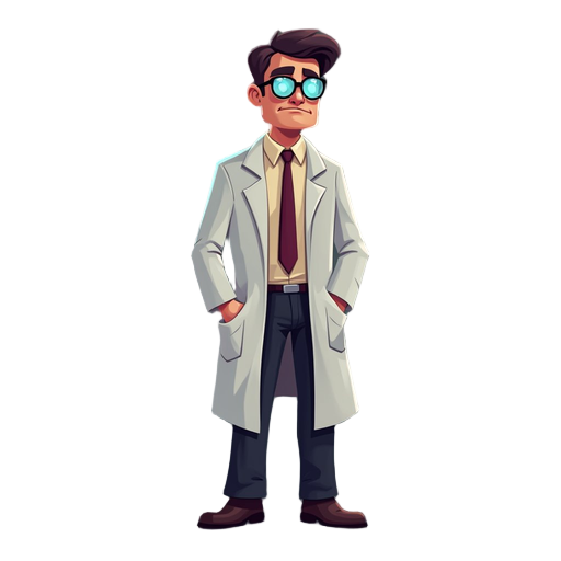 gritty noir doctor, tired man, lab coat, loose tie. glowing blue monocle, dark moody horror aesthetic, 16-bit, retro game asset, clean lines, flat shading
