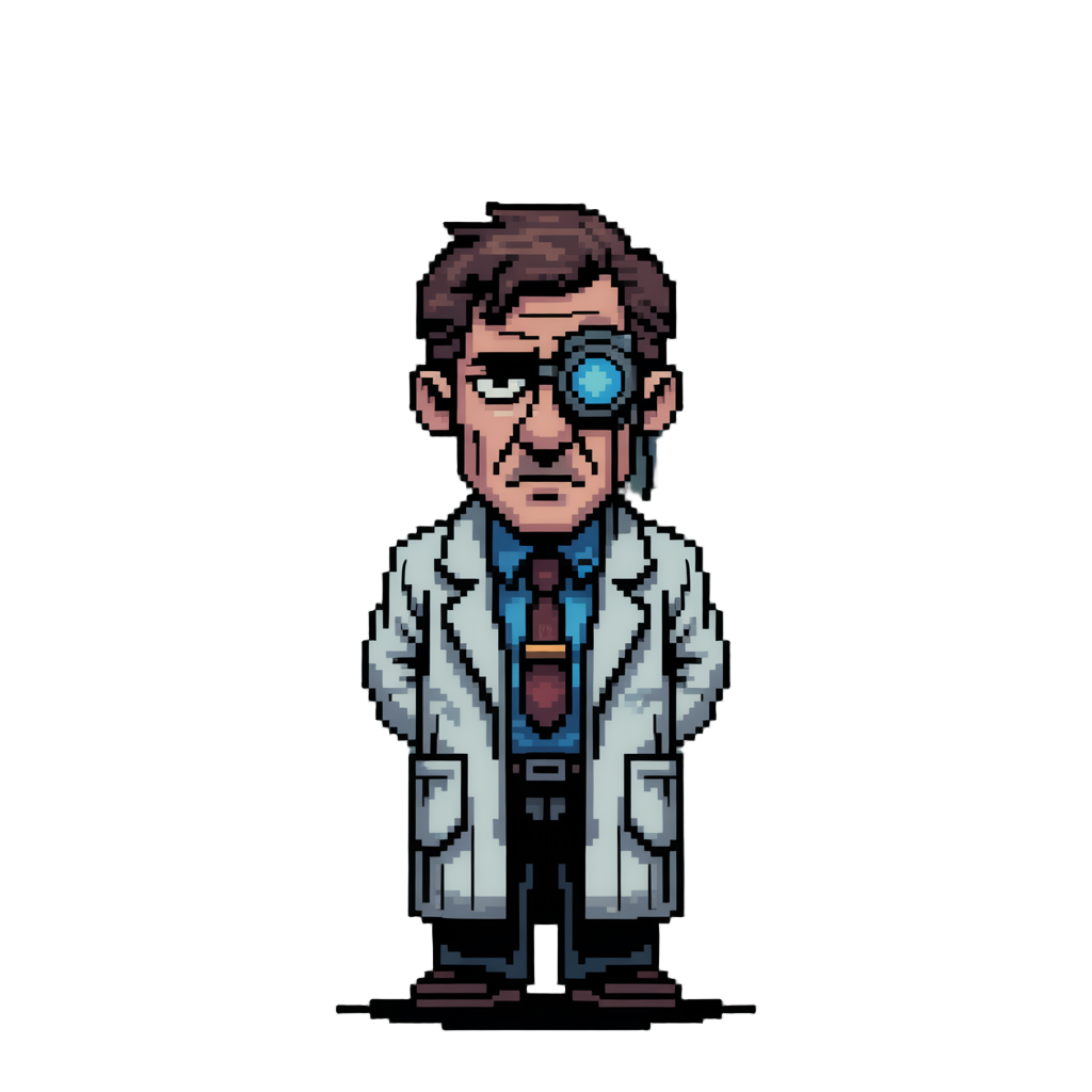 gritty noir doctor, tired man, lab coat, loose tie. glowing blue monocle, dark moody horror aesthetic, 16-bit, retro game asset, clean lines, flat shading