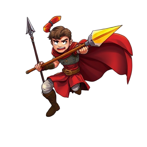 "action fantasy card illustration, warrior in mid-charge with spear leveled forward, motion blur effects creating sense of speed, cape billowing dramatically behind, determined battle cry expression, terrain kicking up under feet, focal point on spear tip