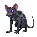 quadruped.  rat patchy grey fur, glowing purple void-eyes. muscular, dirty, with bony tail. aggressive low posture.