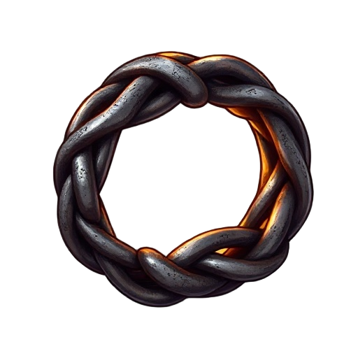 "knotted iron ring, crude iron with intricate knotwork design, slightly warm glowing appearance"