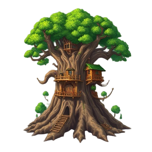 village of the whispering woods icon, massive living tree with wooden tower built into its trunk, root foundations, rope bridges in branches, green roofs blending with foliage, forest settlement, fantasy rpg hub