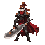 concept art of a human warrior class for a boardgame rpg (voidless.dev). a scarred, determined human female practical, battle-worn plate armor with prominent pauldrons etched with glowing amber runes. tattered crimson cape billowing in the wind. he holds 