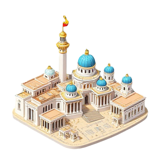 grand city of alexandria icon, classical metropolis, white marble colonnades, blue-domed libraries, golden temple spires, great lighthouse burning above central library, elegant aqueducts, mosaic streets, bustling agora, fantasy metropolis of knowledge an