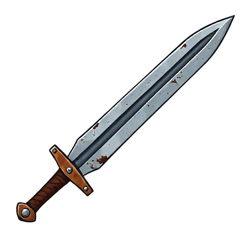 "bent iron sword, wide crooked crossguard, chipped blade, rusty, isolated on white"