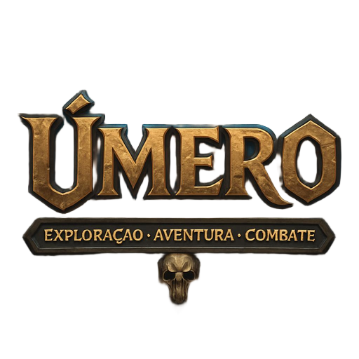 game logo for "úmero" in bold, epic fantasy typography, with subtitle "exploração • aventura • combate", inspired by classic mmorpg logos like tibia and ragnarok online, dark fantasy aesthetic, engraved stone/metal texture, glowing magical effects around 