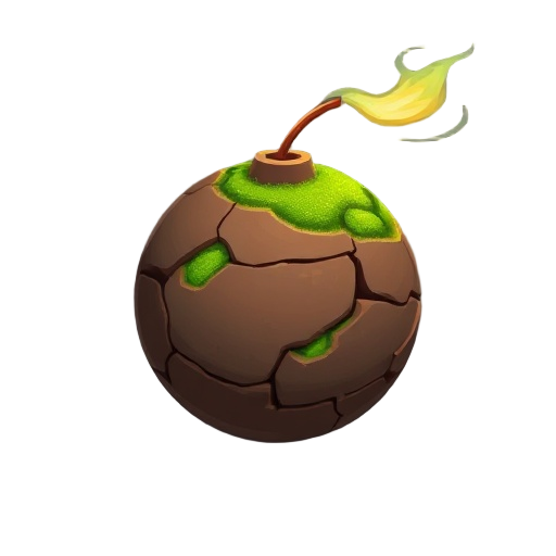 "moss smoke bomb, clay sphere with fuse, mossy green powder visible in cracks"