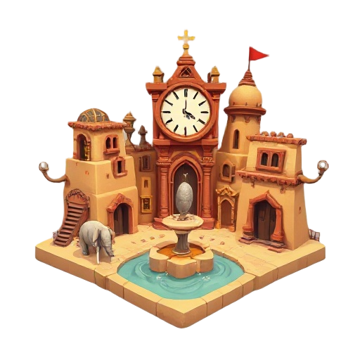 surreal village icon, salvador dalí inspired architecture, melting clock fountain, buildings with impossible physics, floating doors, elephant with spider leg statues, distorted perspective, dreamlike fantasy settlement, warm desert colors with surreal ac