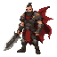 concept art of a human warrior class for a boardgame rpg (voidless.dev). a scarred, determined human male in practical, battle-worn plate armor with prominent pauldrons etched with glowing amber runes. tattered crimson cape billowing in the wind. he holds