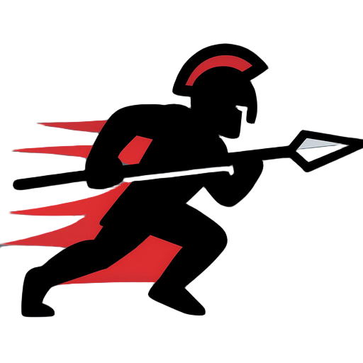 "icon of a warrior charging forward with spear, motion lines behind, flat colors: silver spear tip, red motion trail. simple silhouette, action implied, bold outline."