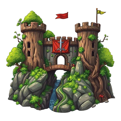 forest fortress icon, military stronghold fused with living forest, petrified wood palisades intertwined with living vines, tree-trunk watchtowers with foliage camouflage, root drawbridge over thorn-filled ravine, oak leaf and sword banner, fantasy rpg st