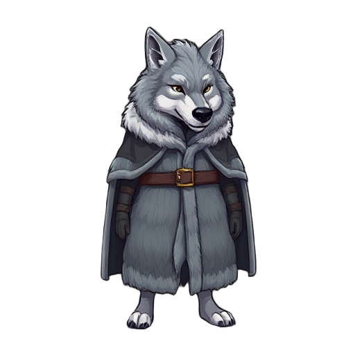 "winter wolf cloak, complete gray wolf pelt with head attached, leather clasp, fur texture detailed"