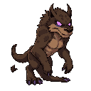 quadruped. patchy brown fur, glowing purple void-eyes. muscular, dirty, with bony tail. aggressive low posture.