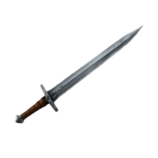 "generate an image of a low-quality, slightly bent iron longsword. the blade should have visible nicks and a rough, dull finish. the hilt is wrapped in worn, stained leather. the style should be realistic fantasy, dark and gritty."
