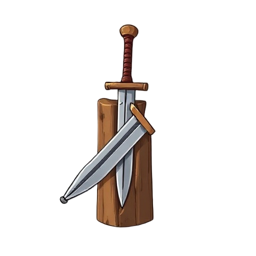 "crude gladius, iron blade set into wooden block as guard, primitive, on white"