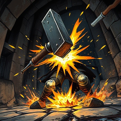 "dramatic low-angle shot of a grizzled knight delivering a devastating overhead hammer blow. thick, textured brushstrokes. the warhammer is a blur of motion, impacting with a burst of crushing yellow energy and visible shockwaves. stone floor cracks benea