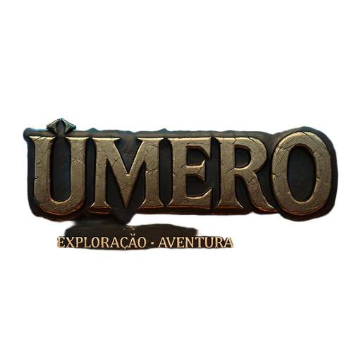 game logo for "úmero" in bold, epic fantasy typography, with subtitle "exploração • aventura • combate", inspired by classic mmorpg logos like tibia and ragnarok online, dark fantasy aesthetic, engraved stone/metal texture, glowing magical effects around 