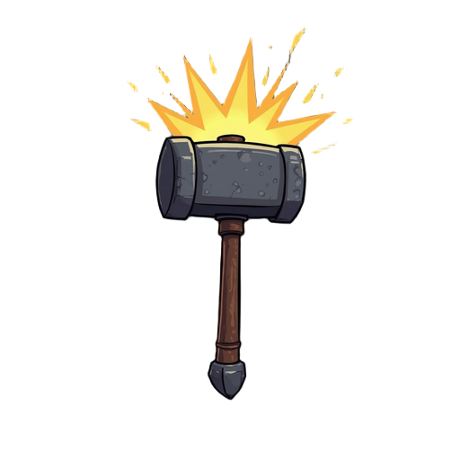 "icon of a heavy warhammer in mid-swing, solid black outline, flat colors: steel gray head, brown handle, yellow impact burst. minimalist, no background, darkest dungeon/slay the spire card style."