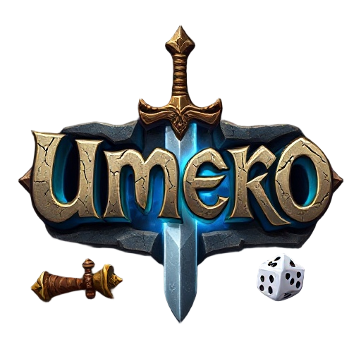 fantasy mmorpg logo "úmero", epic serif font with dramatic shadows and highlights, stone carving texture with cracks and weathering, magical blue glow emanating from inside letters, surrounded by fantasy elements: ancient sword, leather map scroll, and d6