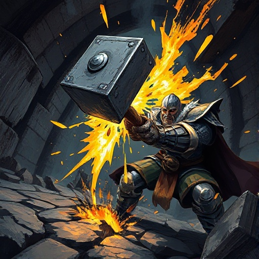"dramatic low-angle shot of a grizzled knight delivering a devastating overhead hammer blow. thick, textured brushstrokes. the warhammer is a blur of motion, impacting with a burst of crushing yellow energy and visible shockwaves. stone floor cracks benea
