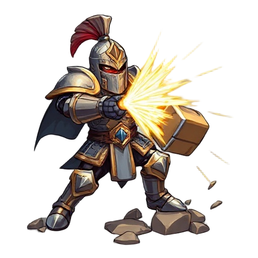 "dynamic fantasy card illustration, warrior in full plate armor executing powerful downward hammer strike, golden impact shockwaves radiating from point of impact, armor details with steel and bronze accents, heroic lighting from above, action moment capt