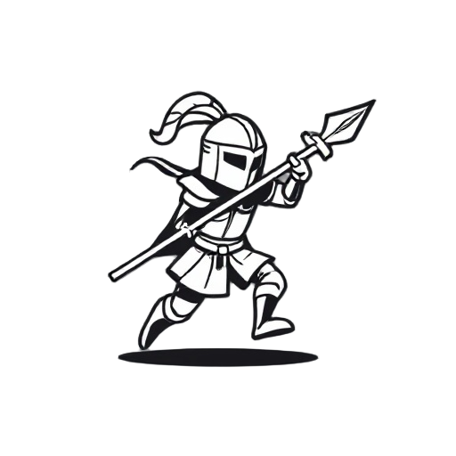 "warrior charging forward with spear, motion lines, fantasy knight, minimalist design, black and white icon"