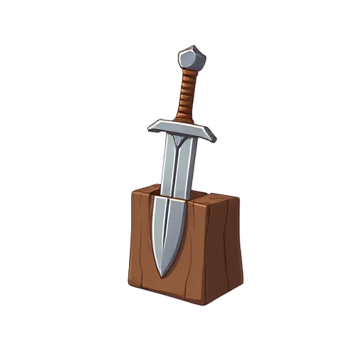 "crude gladius, iron blade set into wooden block as guard, primitive, on white"