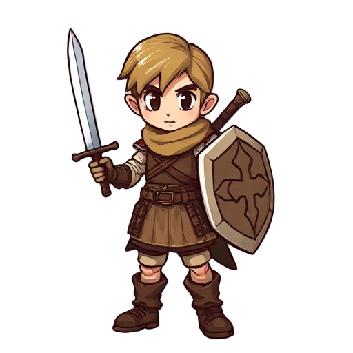 "rpg warrior, initial class.  young human fighter in leather armor, simple sword and shield. brave but novice expression. just like characters in final fantasy tactics
