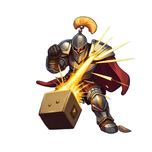 "dynamic fantasy card illustration, warrior in full plate armor executing powerful downward hammer strike, golden impact shockwaves radiating from point of impact, armor details with steel and bronze accents, heroic lighting from above, action moment capt