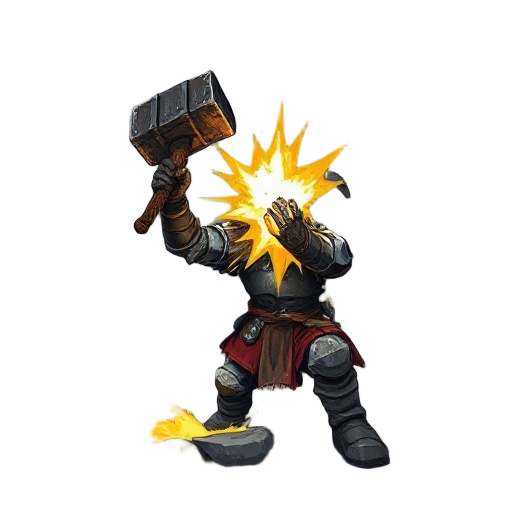 "dramatic low-angle shot of a grizzled knight delivering a devastating overhead hammer blow. thick, textured brushstrokes. the warhammer is a blur of motion, impacting with a burst of crushing yellow energy and visible shockwaves. stone floor cracks benea