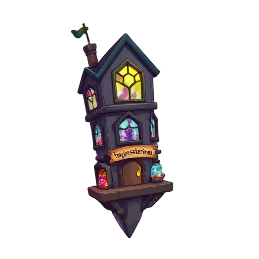 arcane item shop icon, floating slightly tilted tower defying physics, dimensional windows showing different scenes, glowing portal door, magical items floating in display cases, rotating arcane symbols around structure, pulsating purple mist, "impossible