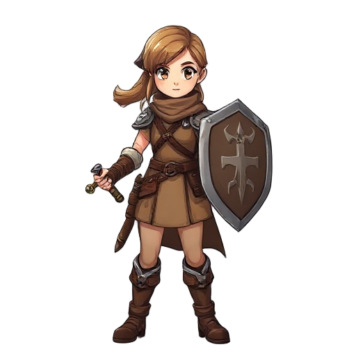 "rpg warrior, initial class.  young human female fighter in leather armor, simple sword and shield. brave but novice expression. just like characters in final fantasy tactics
